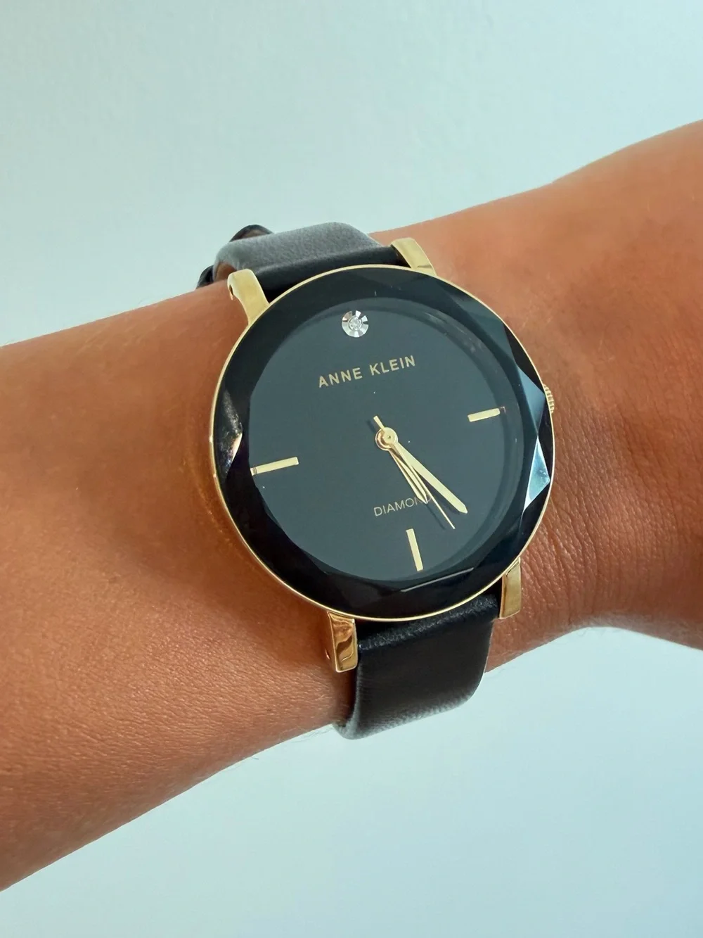 Anne Klein Black Dial Gold-Tone Case Leather Strap Watch